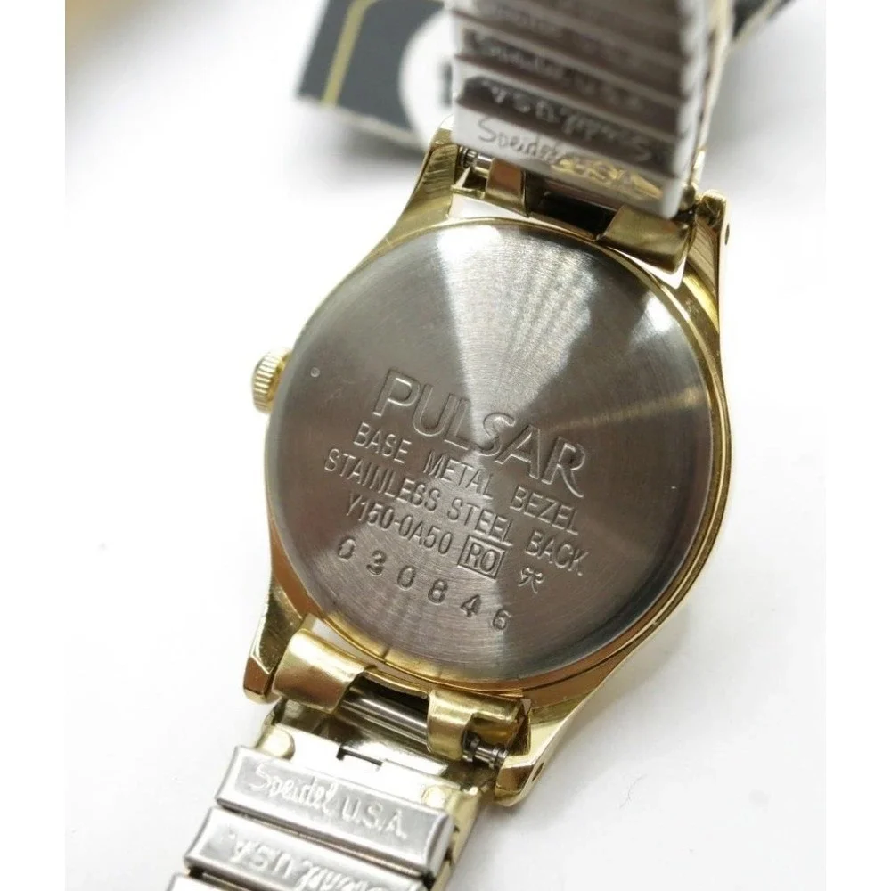 New with Box Pulsar Gold Tone Quartz Watch Base Metal Bezel Stainless Steel Back